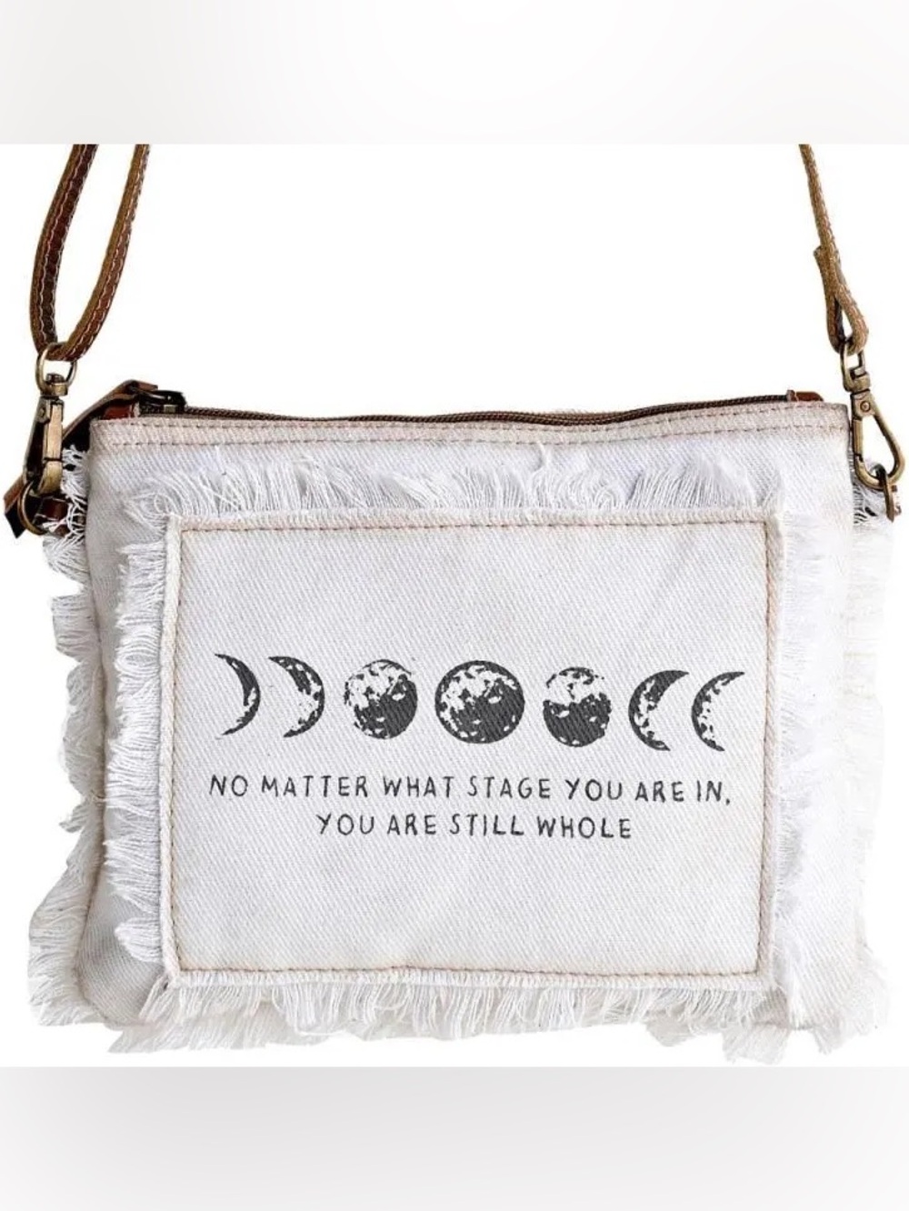 Neutral Fringe Canvas Crossbody Bag with Moon Phase Print